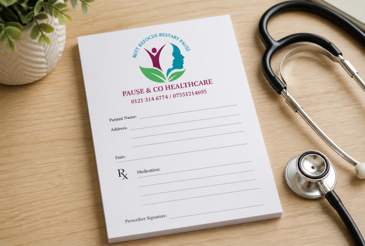 A Pause & Co Healthcare private prescription pad on a clinic desk