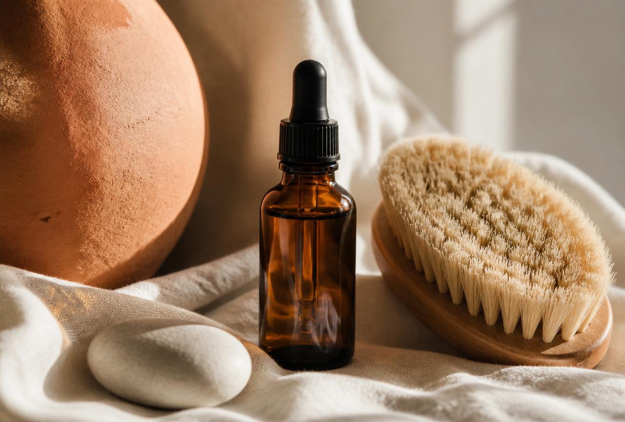 Amber dropper bottle, natural bristle brush and stone on linen