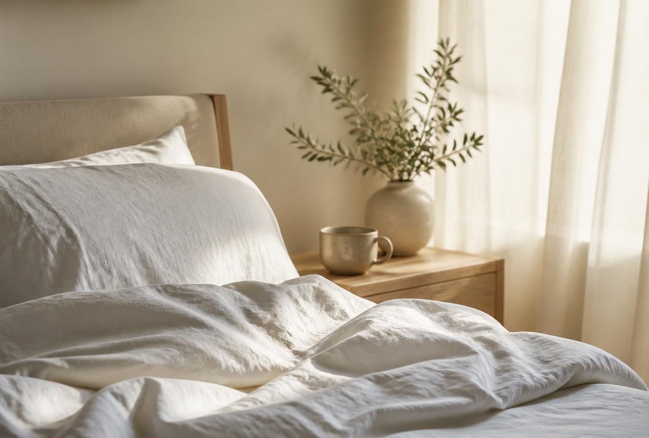 Soft white linen bedding and a ceramic mug in morning light