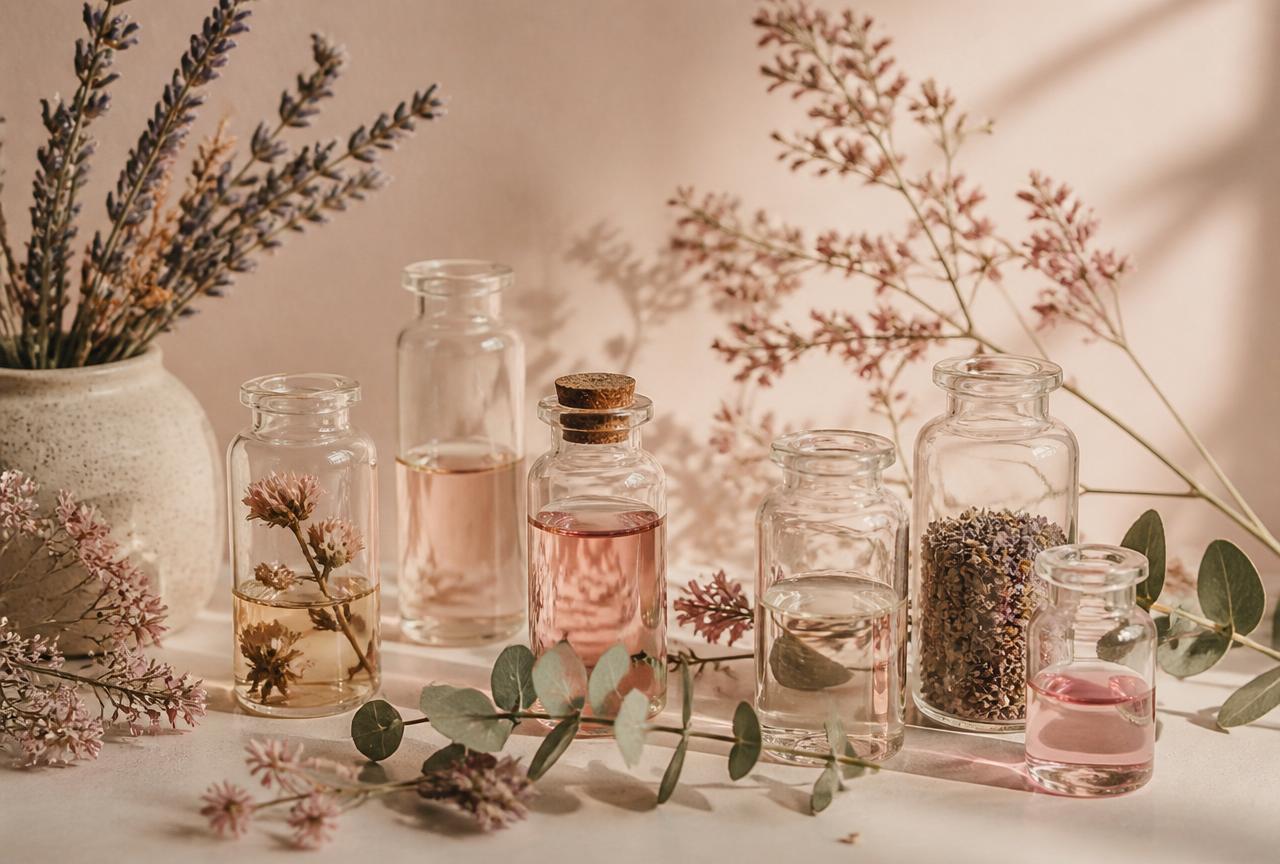 Botanical apothecary bottles with dried flowers on soft linen