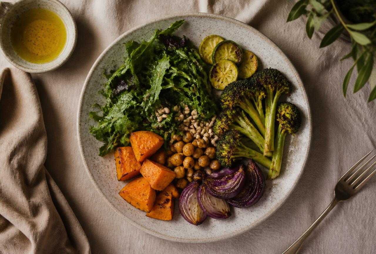 Overhead plate of leafy greens, roasted vegetables and seeds