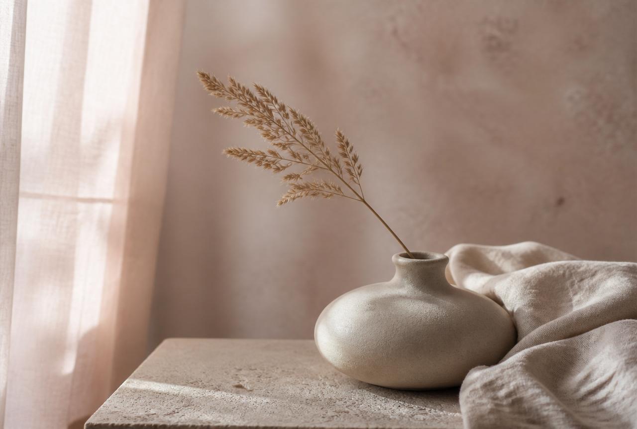 Ceramic vase with dried grass in soft window light