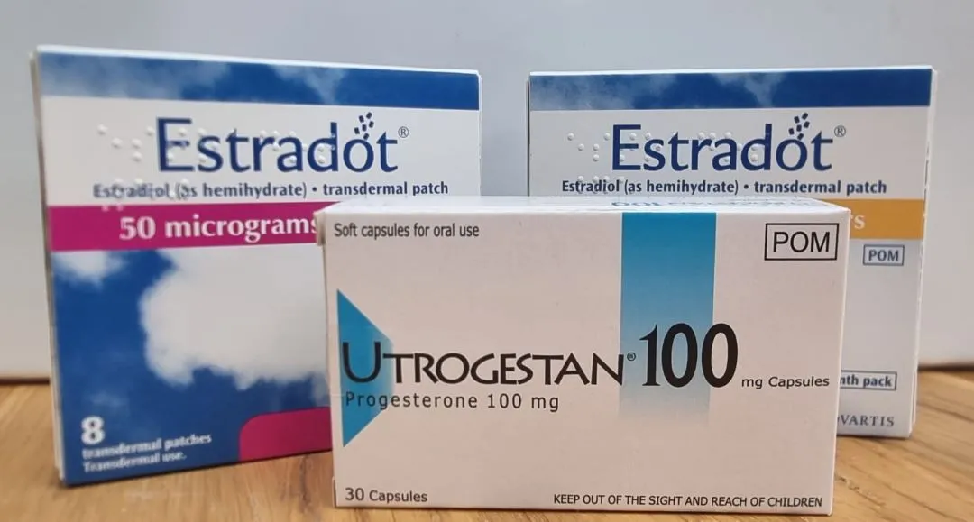Utrogestan micronised progesterone capsules alongside Estradot oestradiol patches