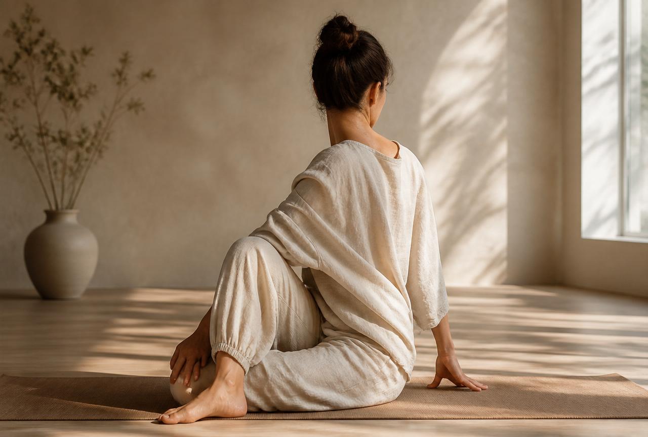 Woman in linen practising a gentle seated stretch