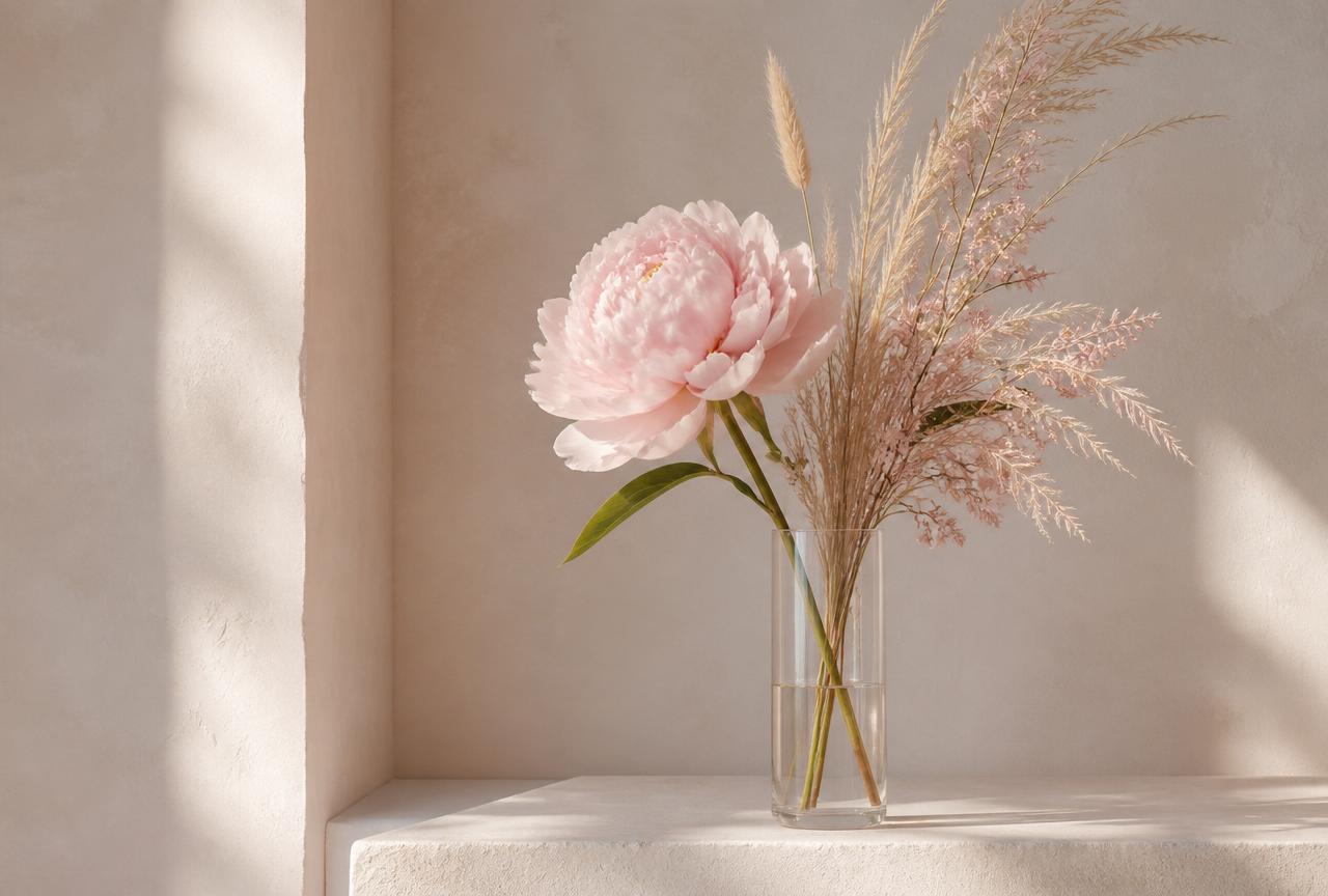 Single pink peony and dried grasses in a glass vase