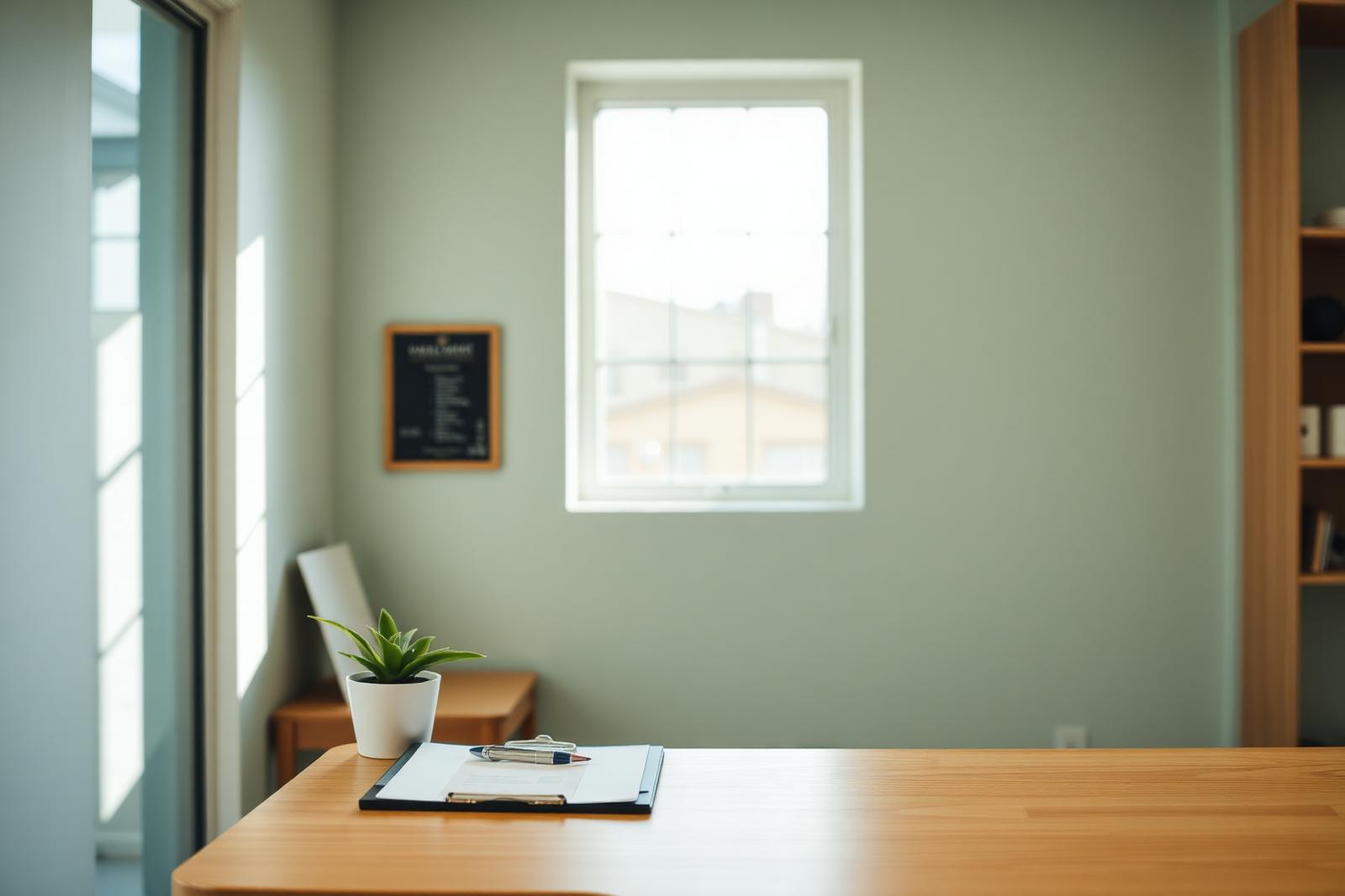 A calm, welcoming private clinic space with a clipboard and pen on a desk