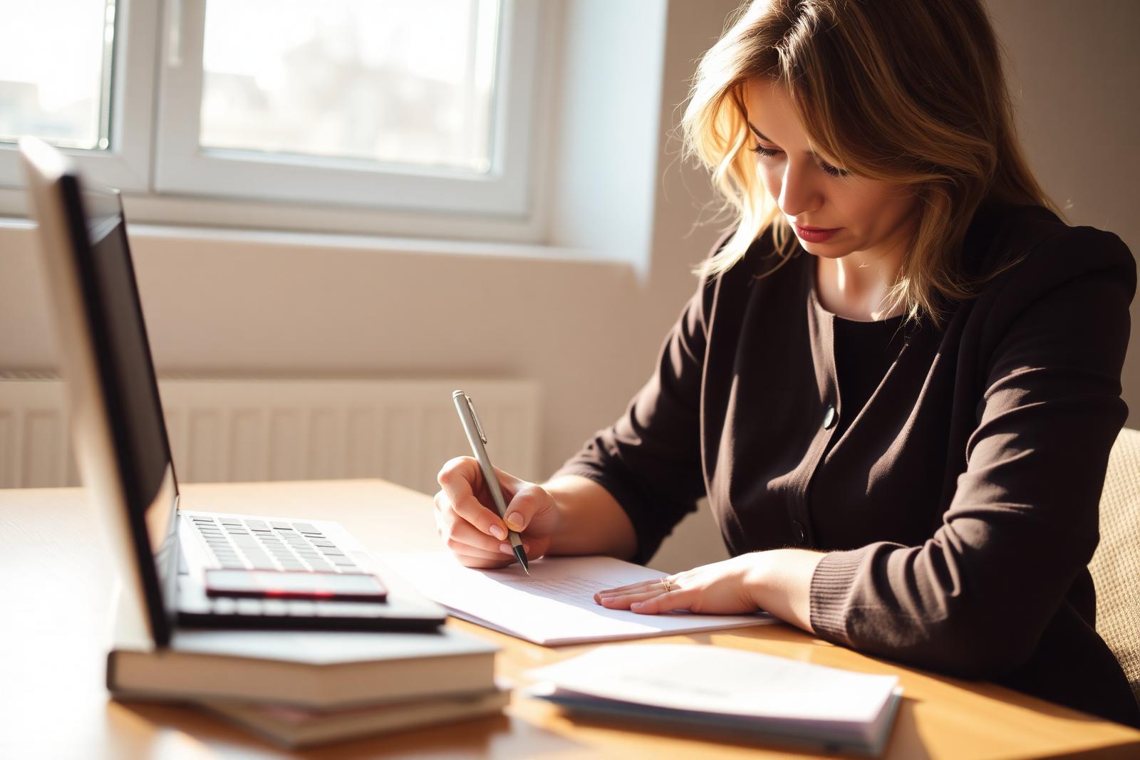 A woman writing feedback at a bright desk near a window