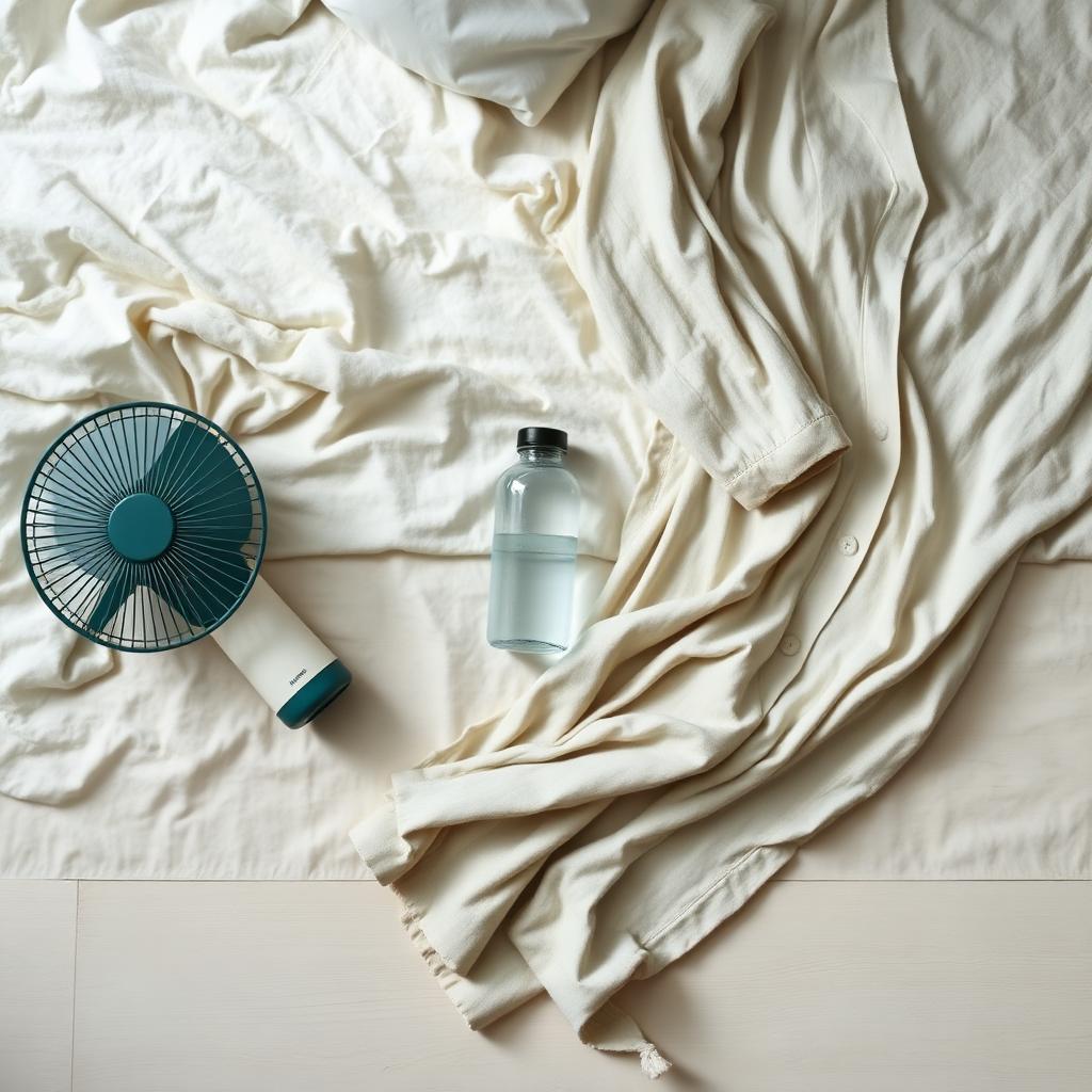 A cool, calm bedroom with cotton bedding, a fan and a water bottle