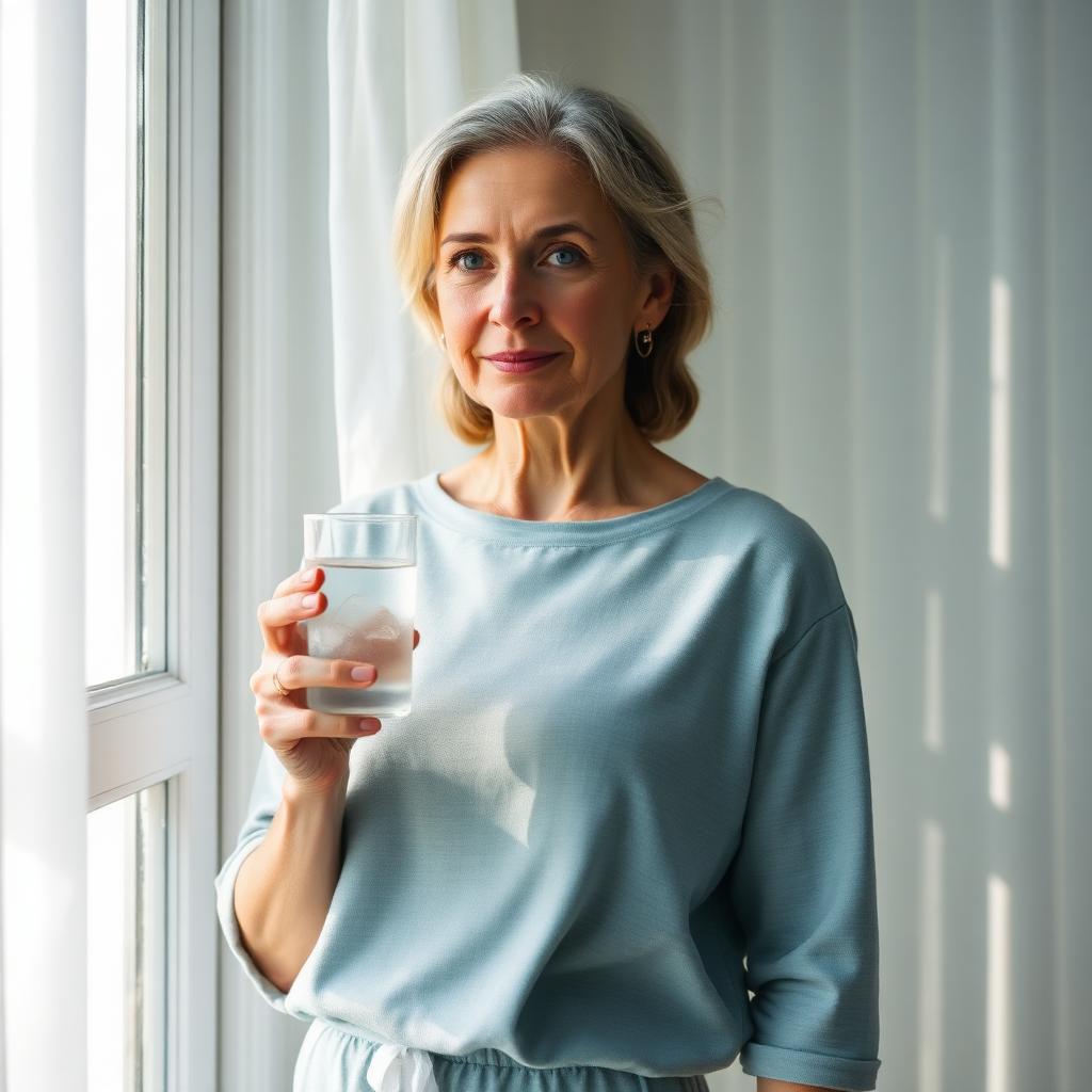 A woman fanning her face during a hot flush at her desk