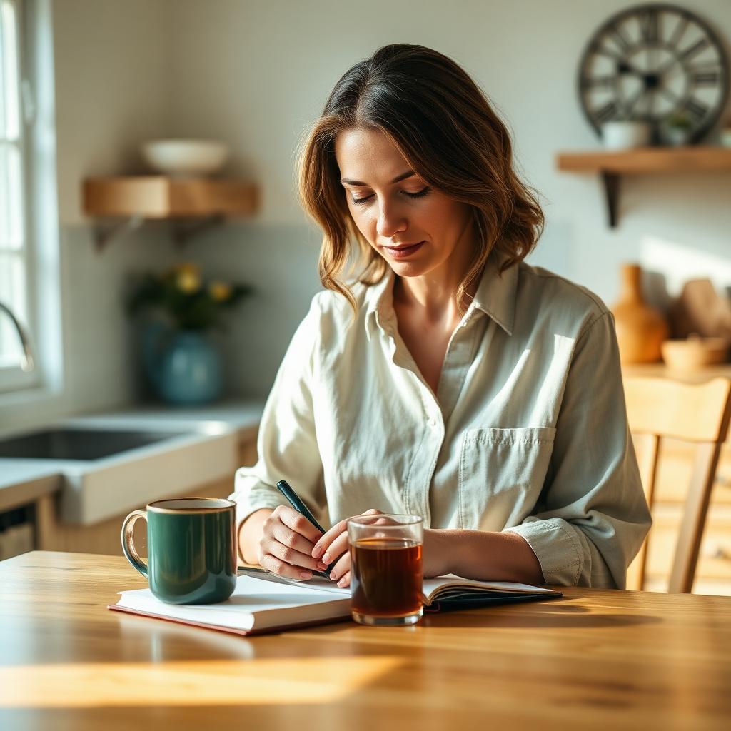 A woman writing in a symptom-tracking journal at a kitchen table