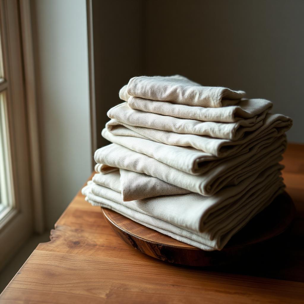 Neutral folded linen napkins stacked on oak in soft window light