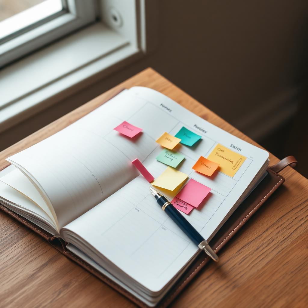 Open leather planner with colour-coded sticky notes and a fountain pen