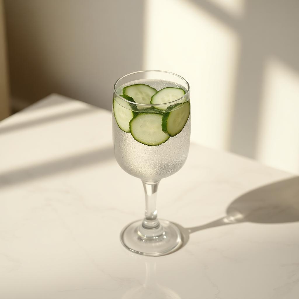 Stemless glass of sparkling water with fresh cucumber slices on marble