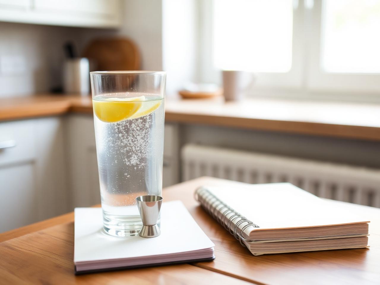 Sparkling water with lemon, measuring jigger and blank notebook on a kitchen table