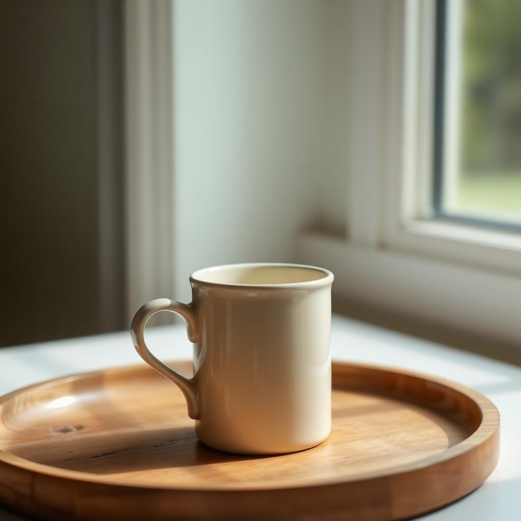 Two matching cream ceramic mugs side by side on a wooden serving tray