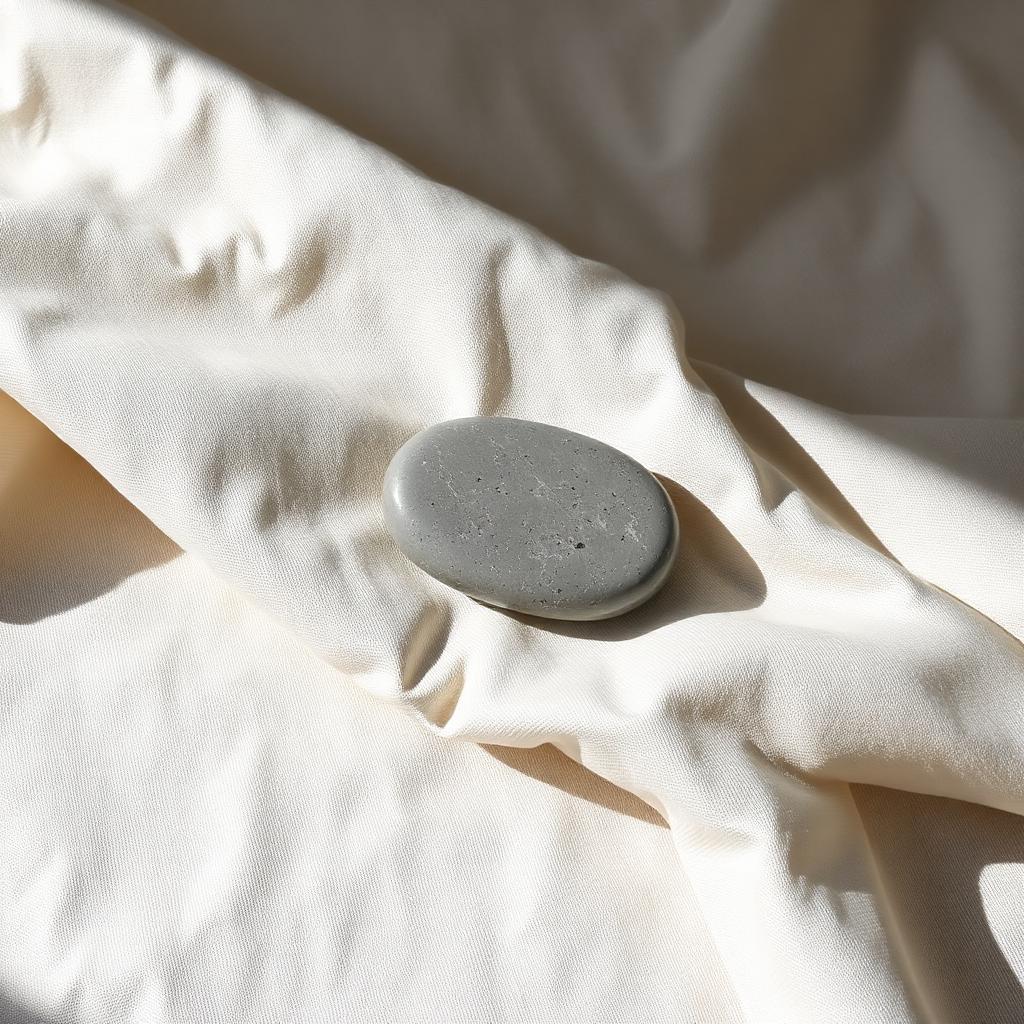 Single smooth grey river stone on folded cream linen, soft shadows