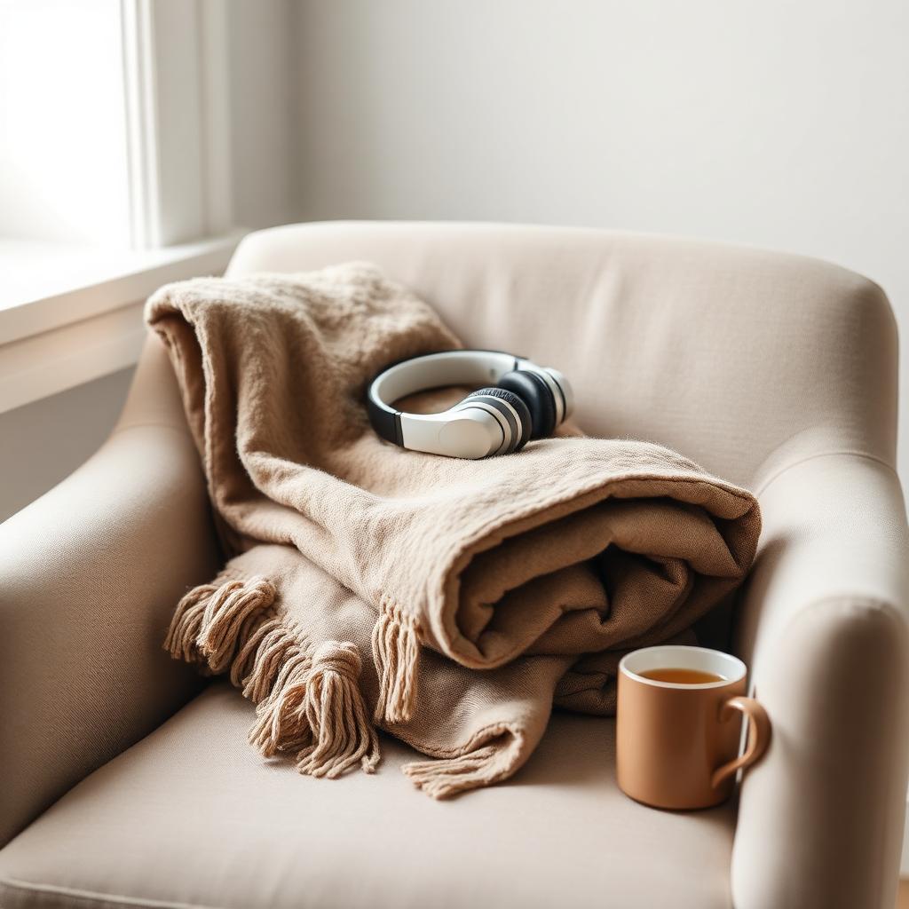 Weighted blanket folded on a linen armchair with headphones and tea