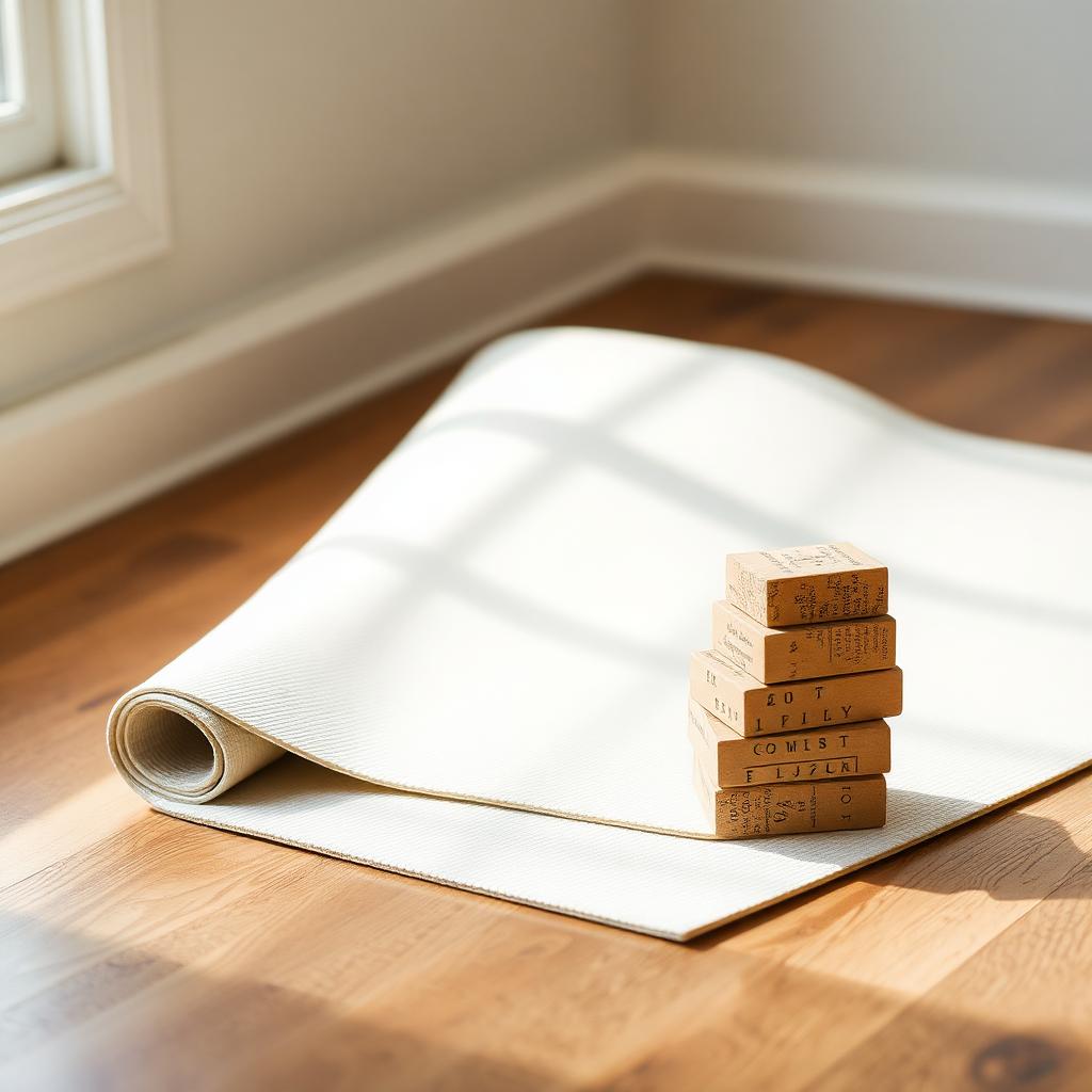 Rolled cream yoga mat with a small stack of cork yoga blocks on oak floor