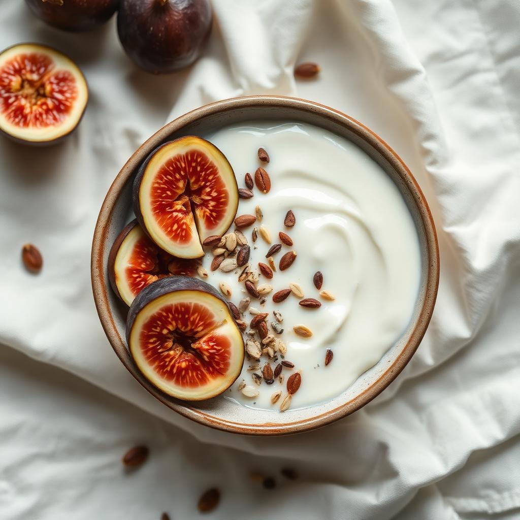 Ceramic bowl of natural yogurt topped with sliced fig and mixed seeds