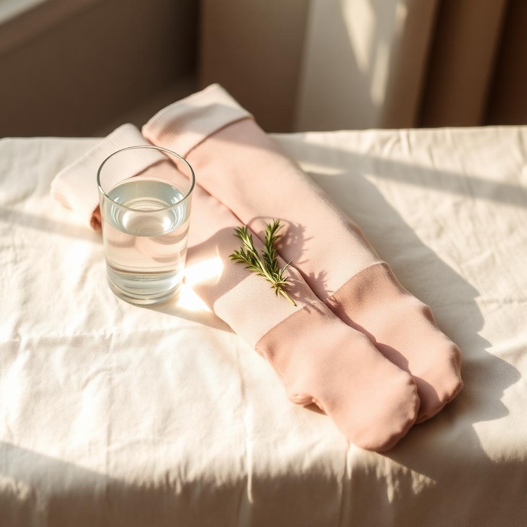 Folded compression stockings and a glass of water on cream linen