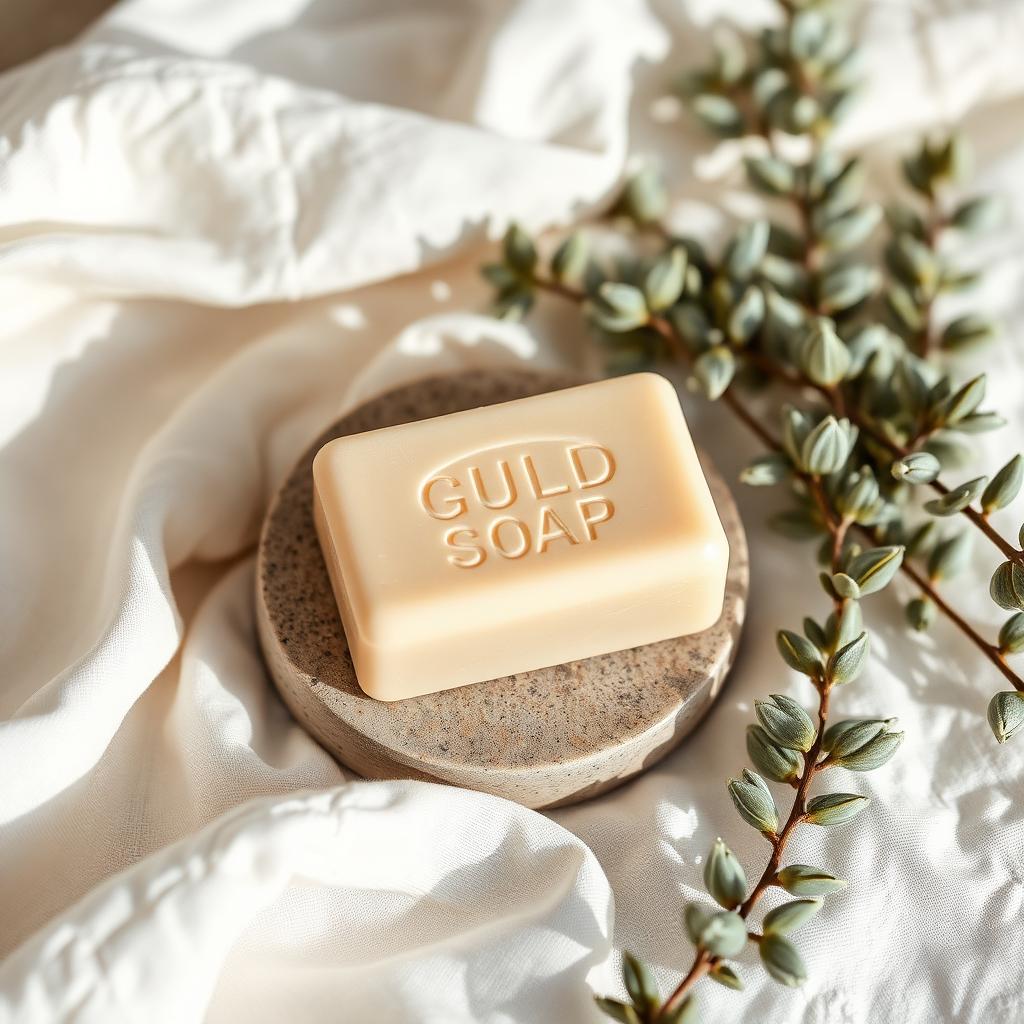 Natural bar of unscented soap on a stone dish beside dried eucalyptus