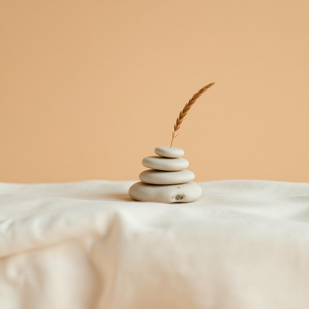 Small stack of smooth pale stones and a single dried grass on cream linen