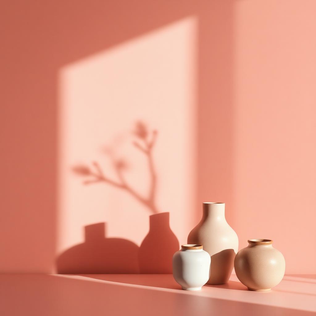 Soft blush wall with sculptural shadows of ceramic vessels