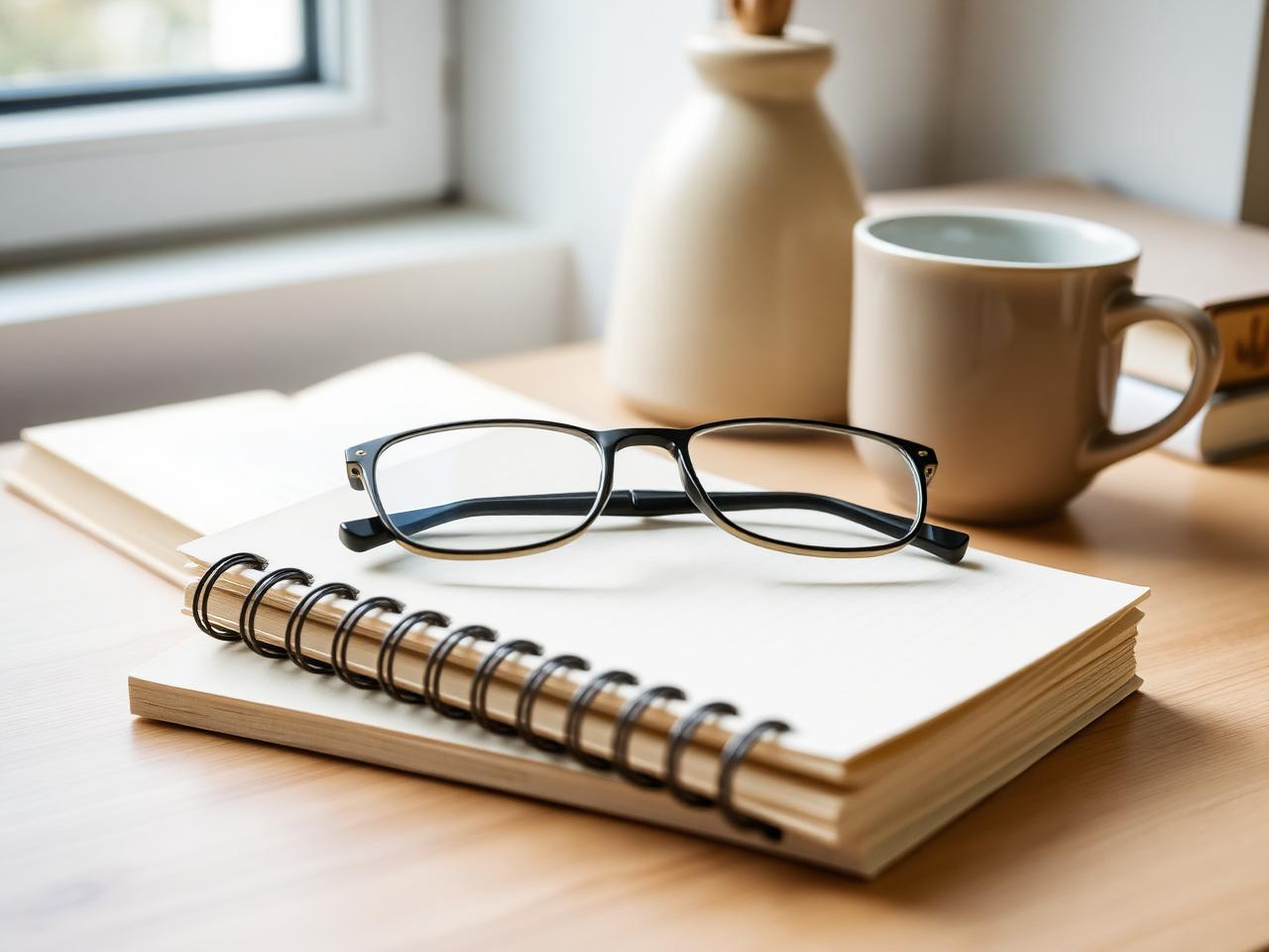 Reading glasses on a blank notebook with a mug in soft window light