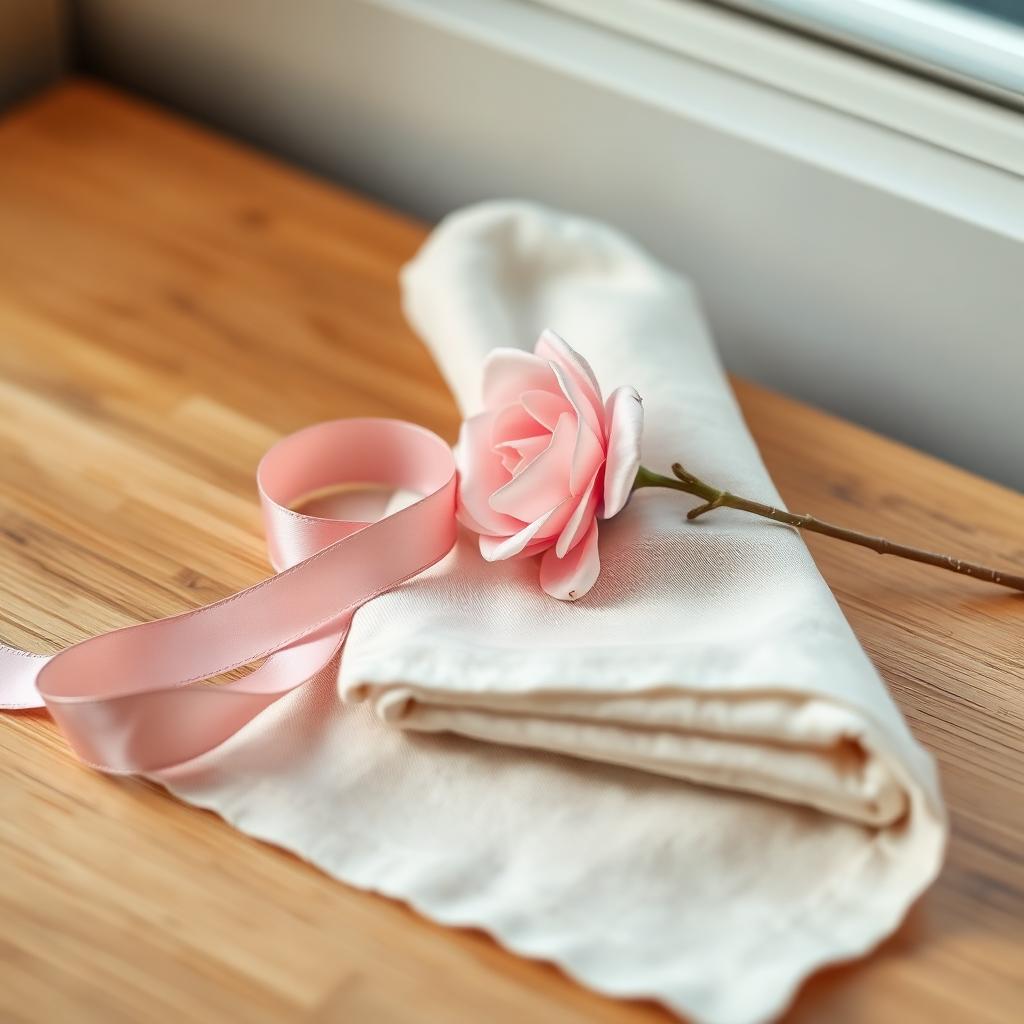 Soft pink ribbon and folded cream linen with a pink camellia on oak