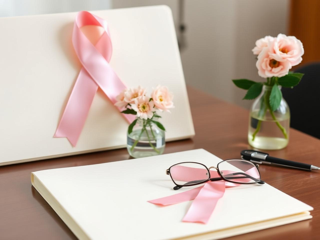 Pink ribbon, flowers, glasses and blank folder on a consultation table