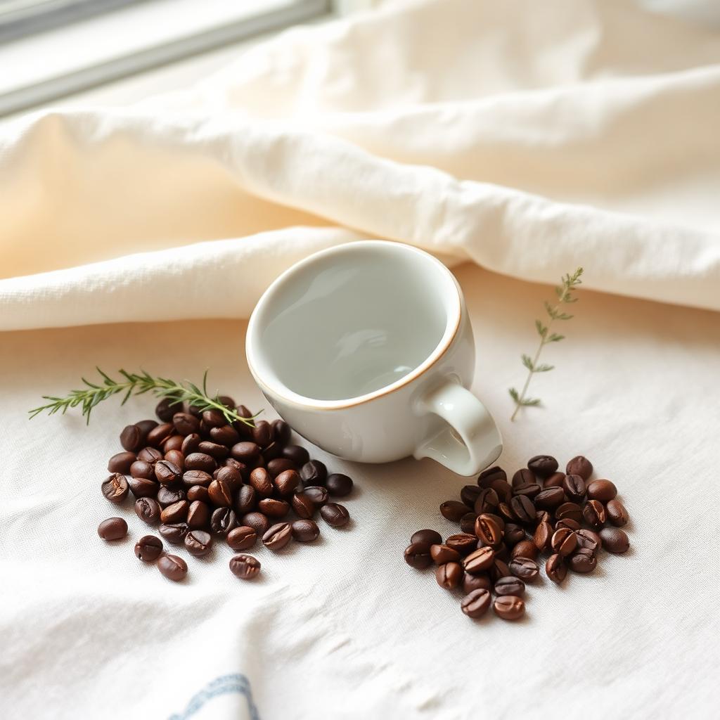 Empty espresso cup tipped on its saucer beside scattered coffee beans
