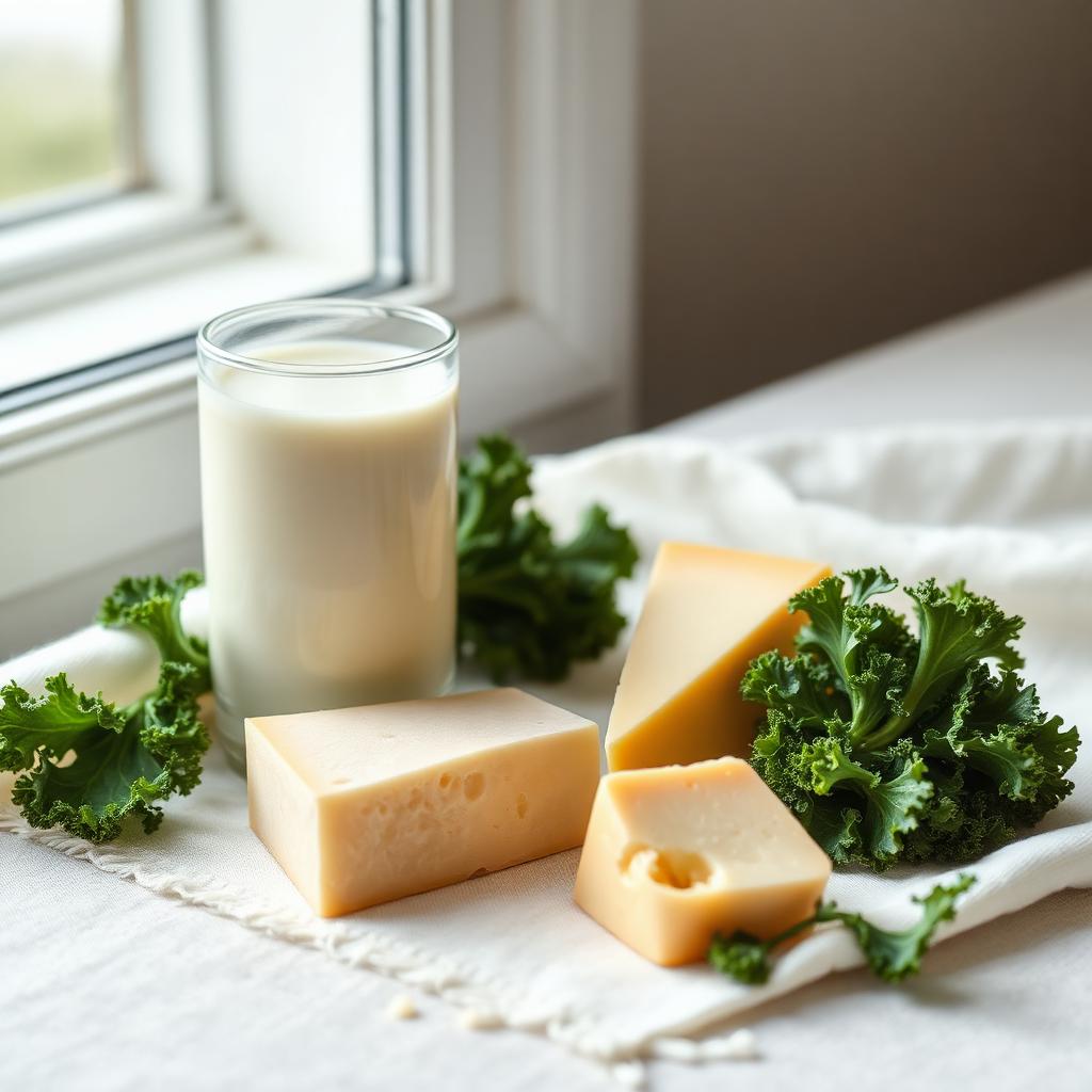 Glass of milk, hard cheese and leafy kale on pale linen