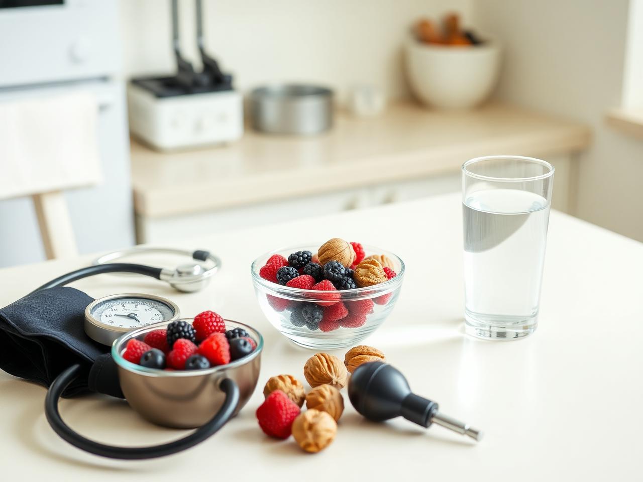Blood pressure cuff, stethoscope, berries, walnuts and water on a kitchen table