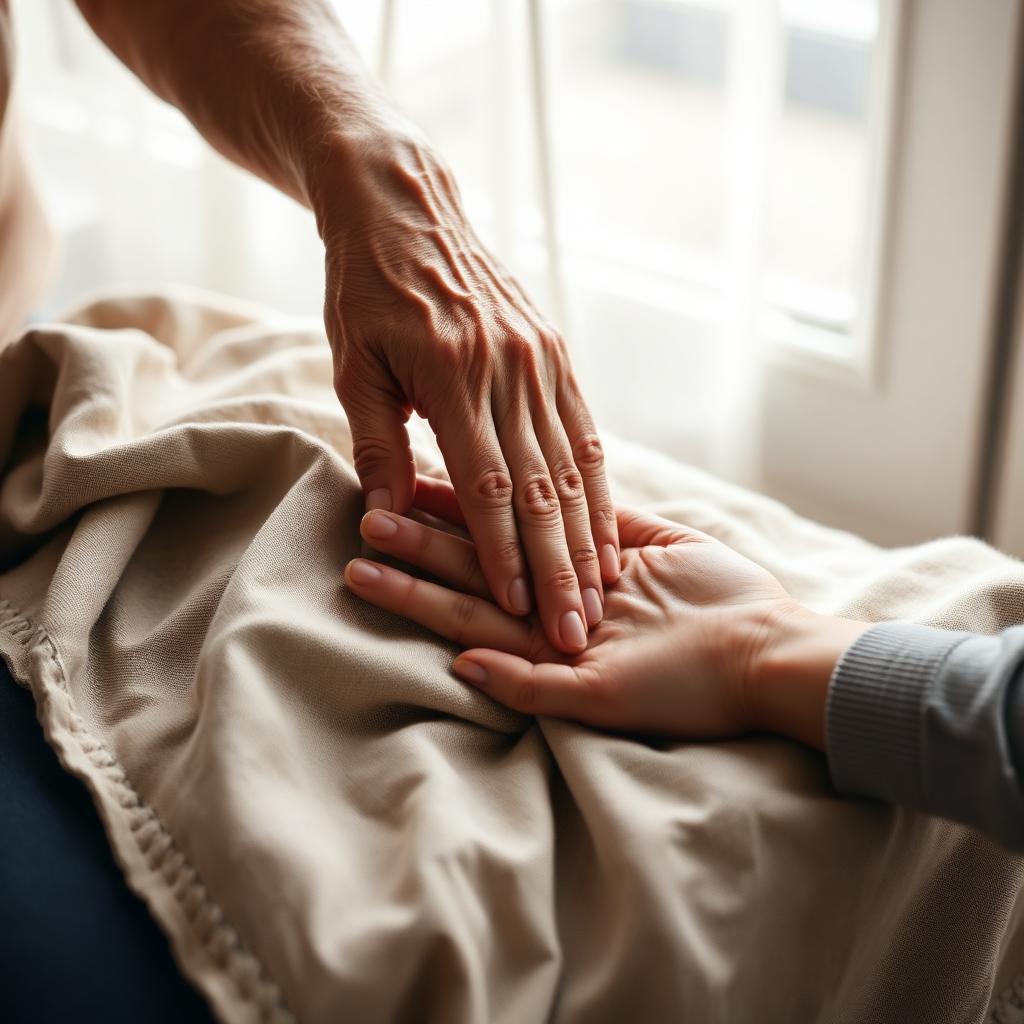 Older and younger hand held gently across a folded linen throw