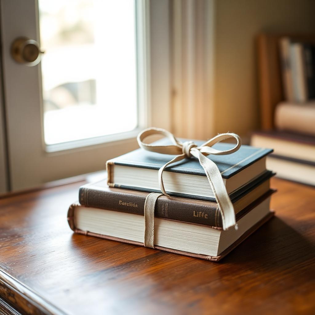 Small stack of two hardcover books tied with linen ribbon on an oak desk