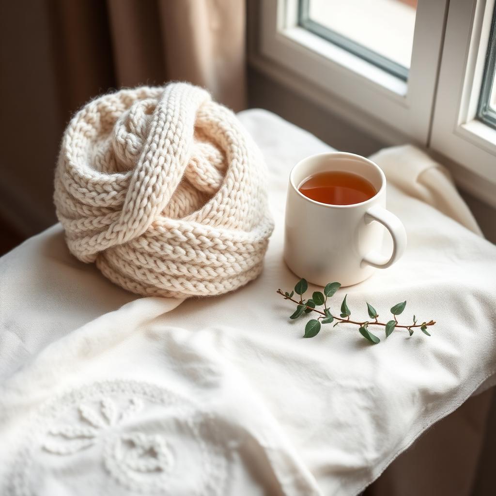 Soft knitted headwrap and a mug of herbal tea on pale linen