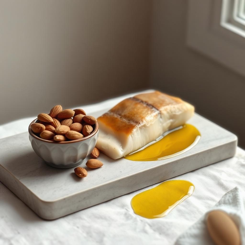 Almonds, oily fish and olive oil on a stone board with linen