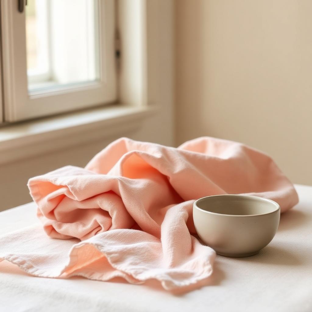Folded soft blush linen next to a small matte ceramic bowl