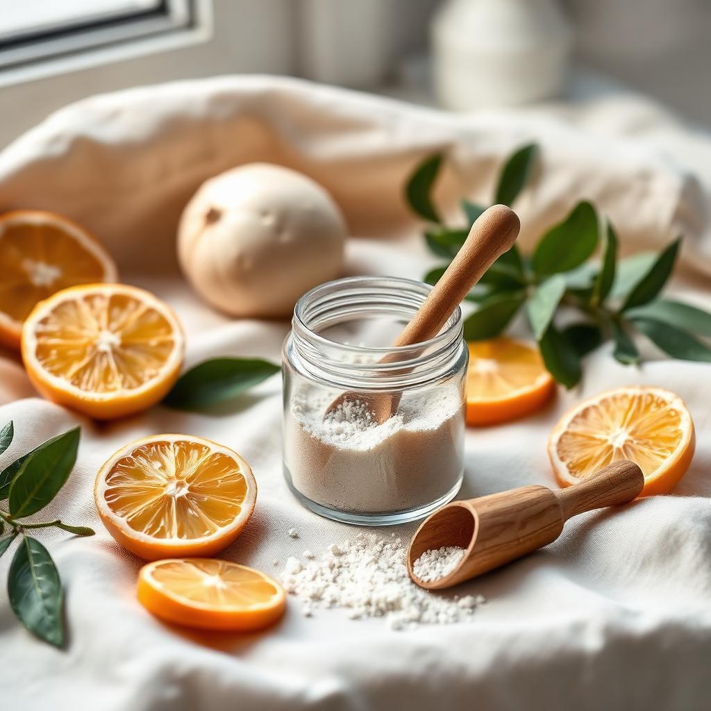 Small glass jar of collagen powder with wooden scoop, citrus slices and greenery on soft linen in natural window light