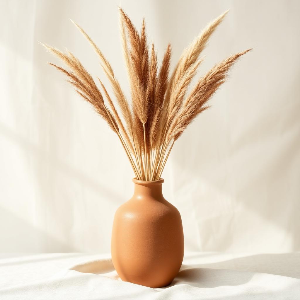Tall dried grasses in a matte terracotta ceramic vase on pale linen