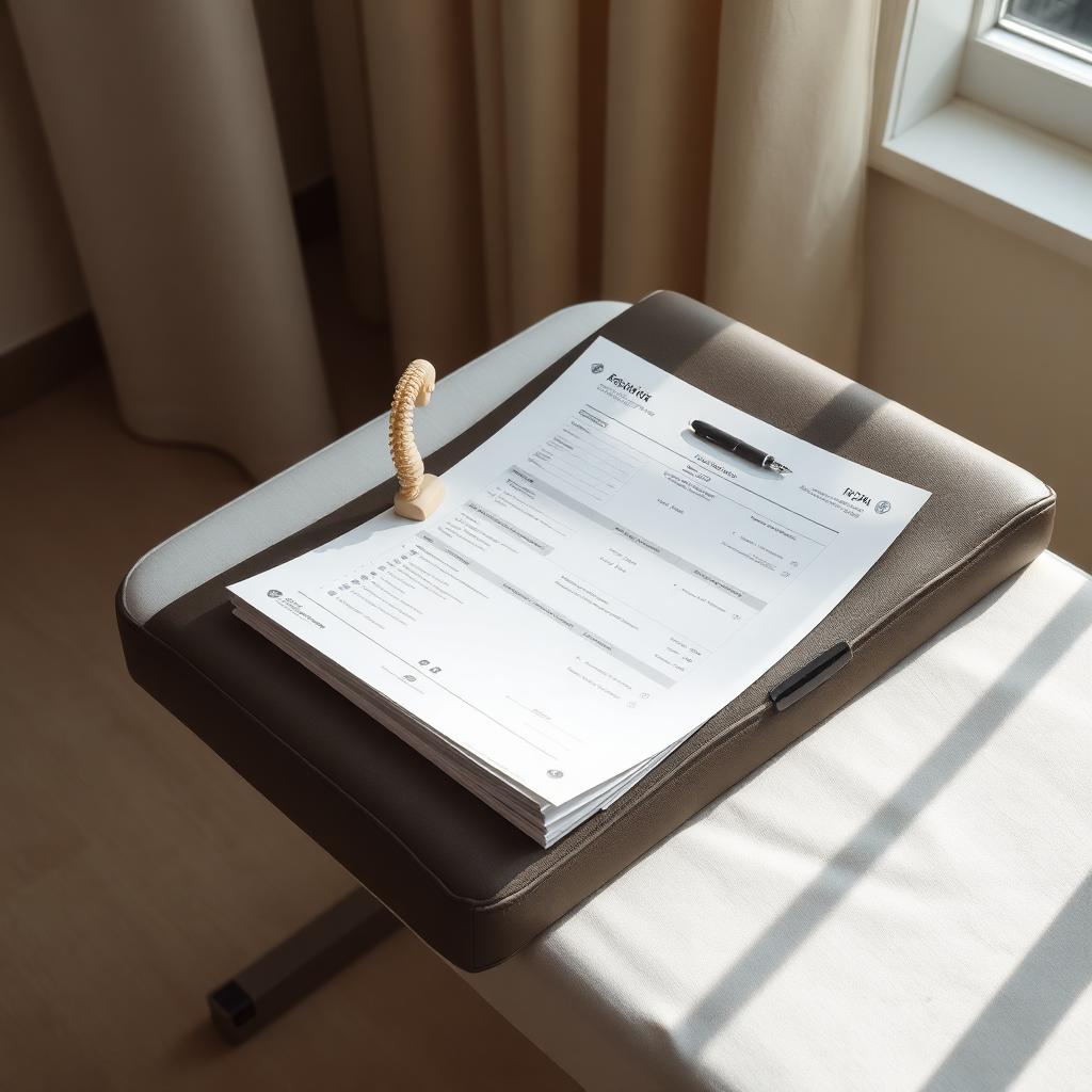 Medical assessment form and small spine model on a padded exam table