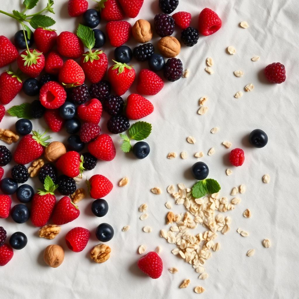Fresh mixed berries, walnuts and rolled oats scattered on cream linen