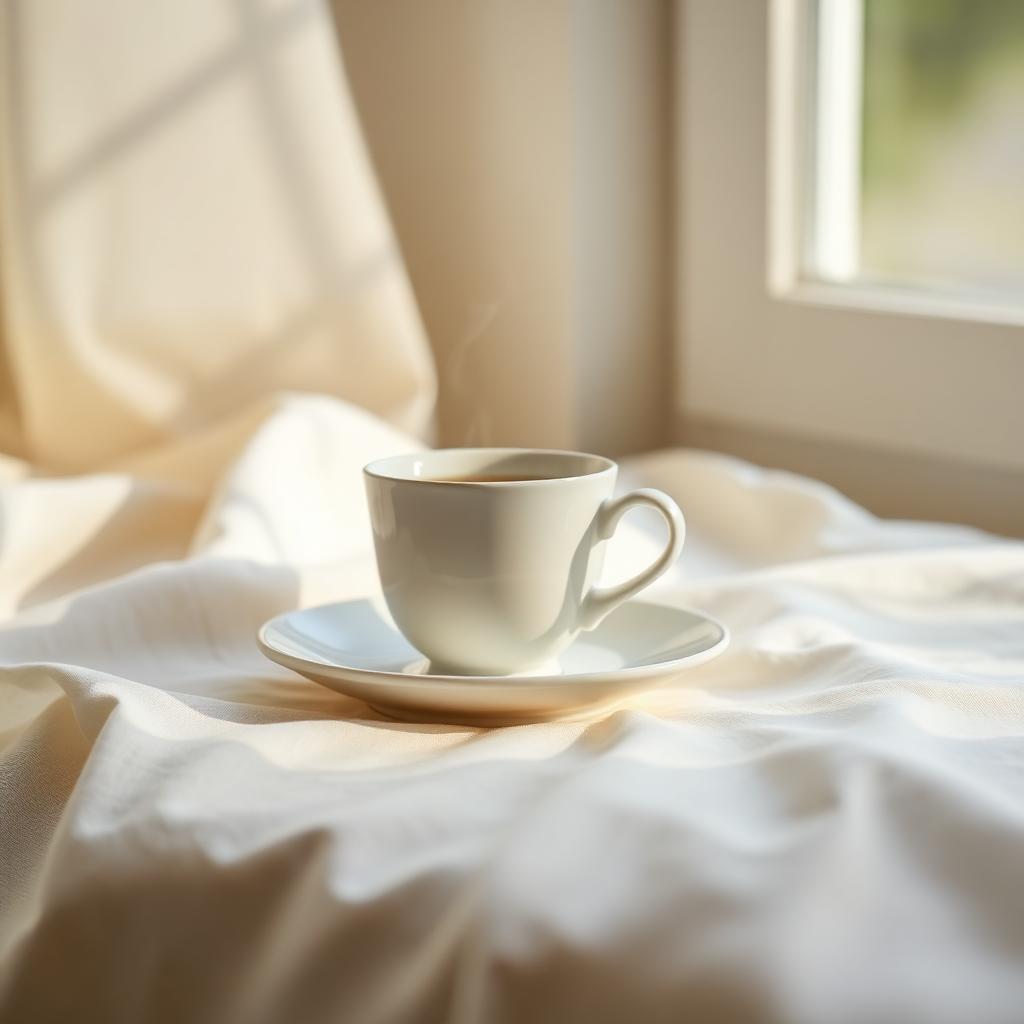 Single pale ceramic teacup on matching saucer with soft steam, on cream linen