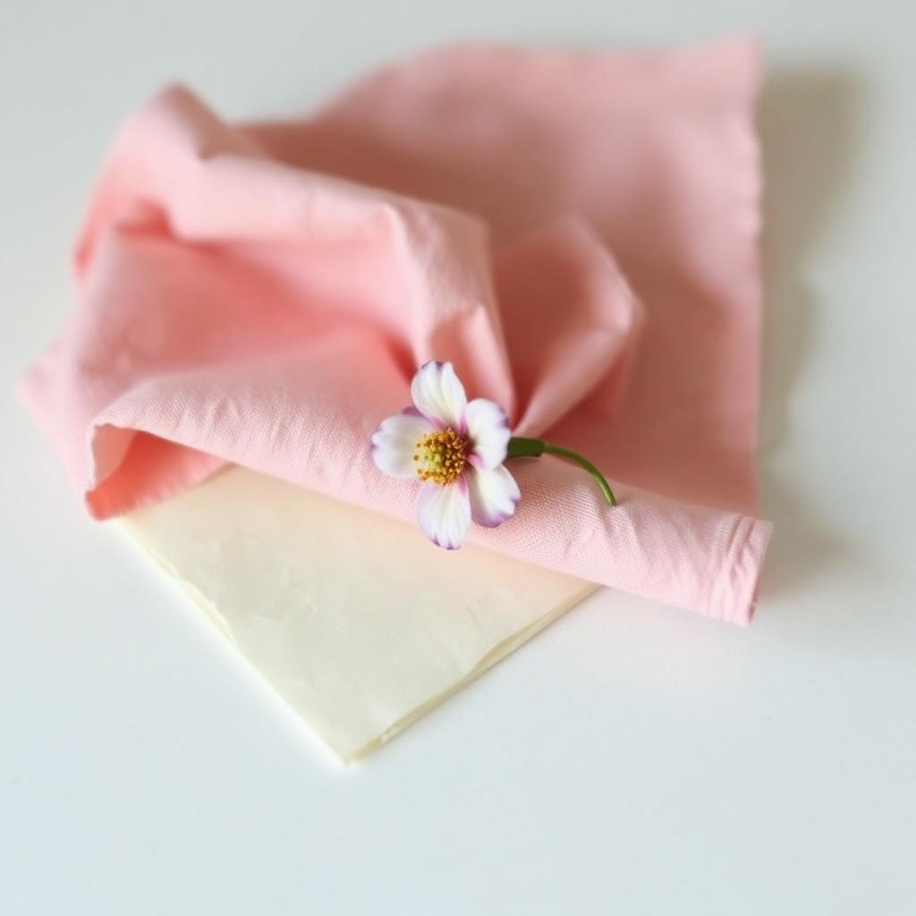 Folded blush pink linen napkin with a single pressed flower on cream paper
