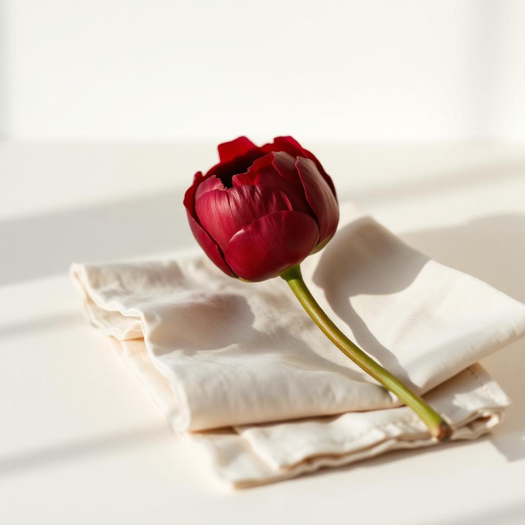Single deep red peony bud on a folded linen napkin