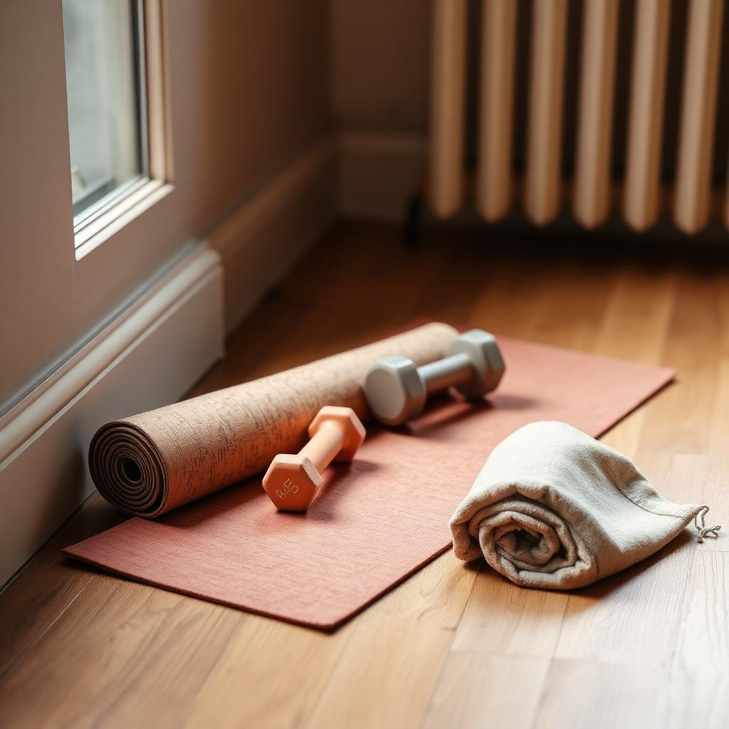 Rolled cork yoga mat, dumbbell and linen towel on oak floor