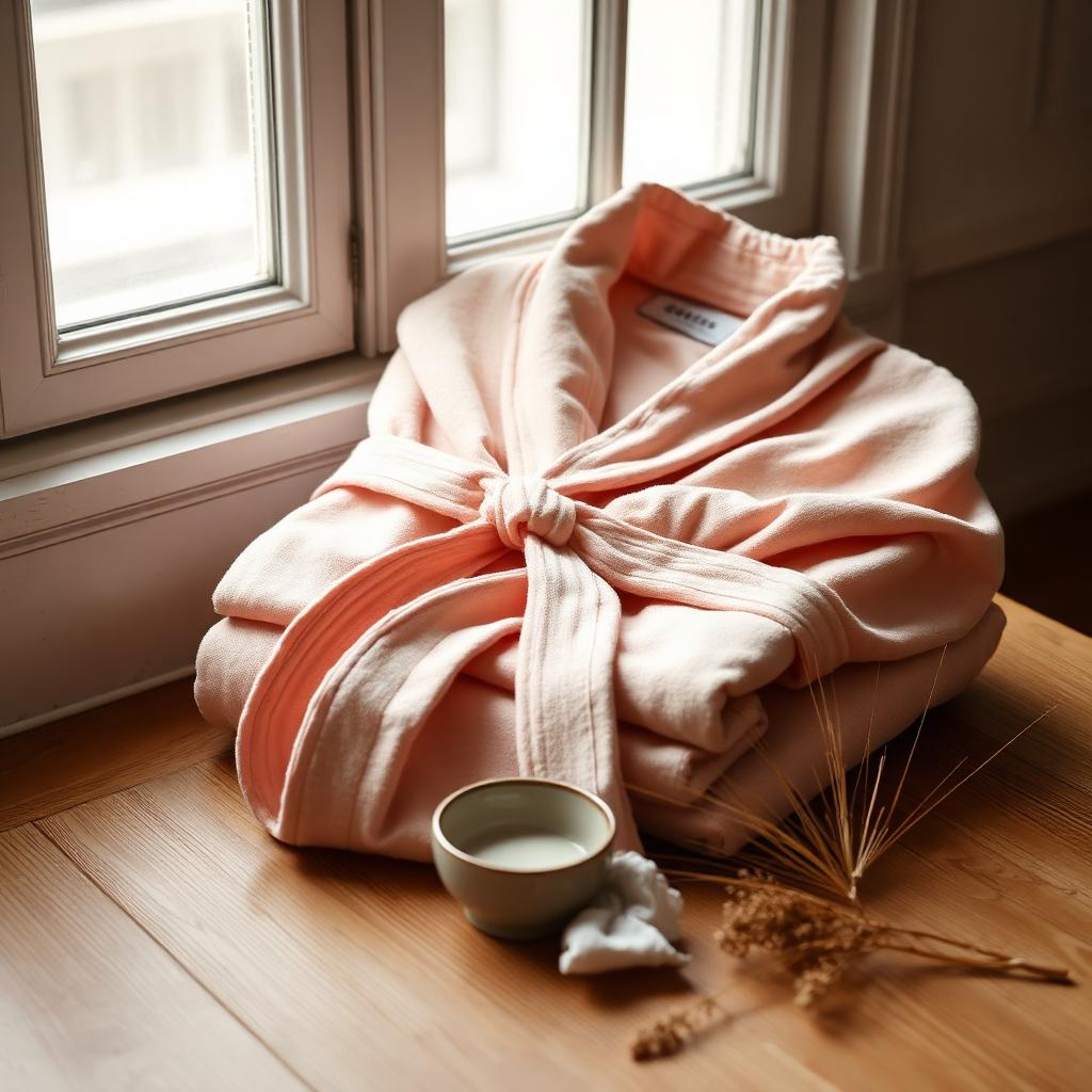 Folded soft blush cotton robe on warm oak with a small ceramic dish