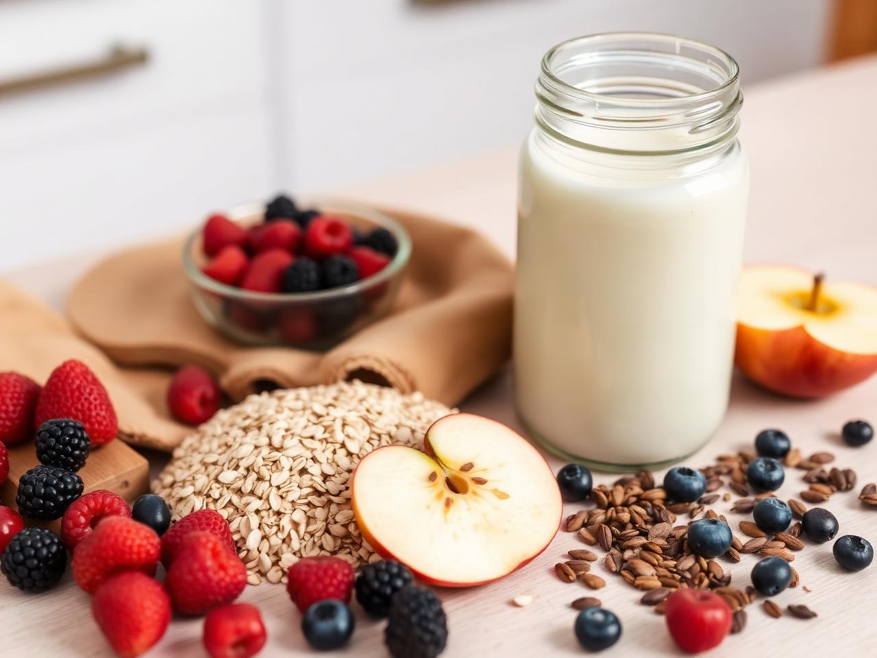 Kefir, oats, berries, apple and seeds on a pale kitchen table
