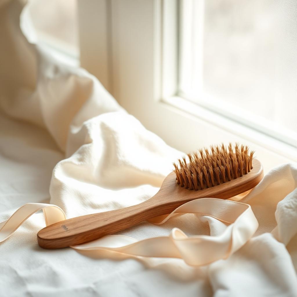 Natural bristle wooden hairbrush and folded silk ribbon on cream linen