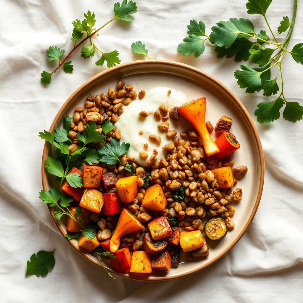 Ceramic plate with roasted colourful vegetables, lentils and leafy greens